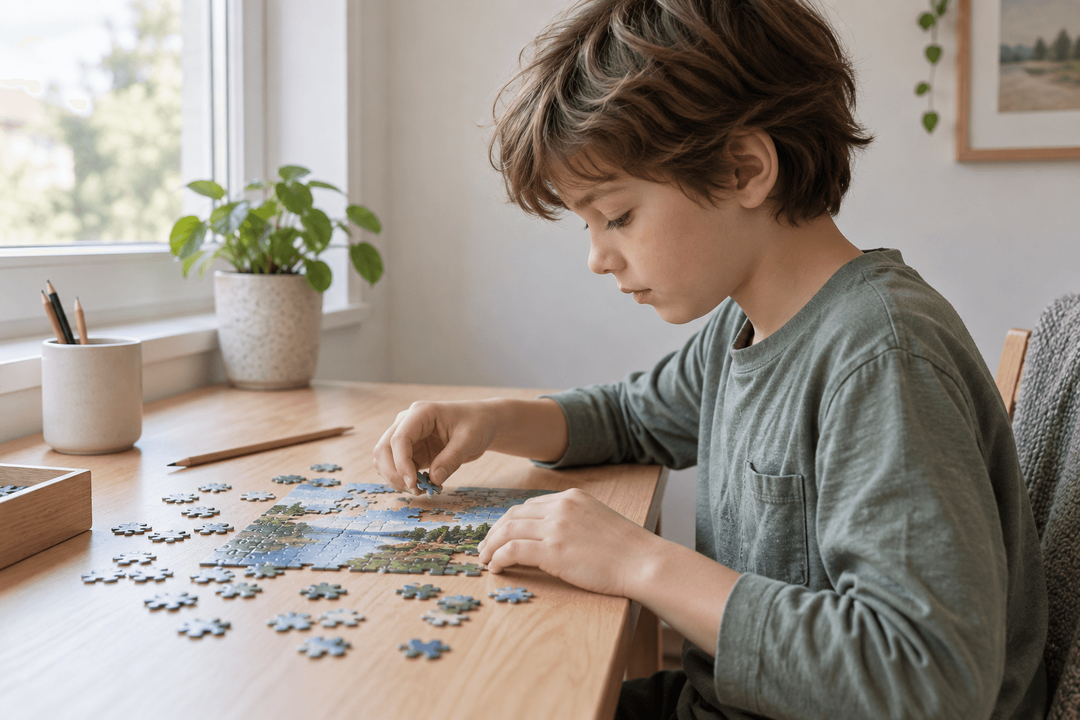 Dziecko w skupieniu układa puzzle przy jasnym biurku