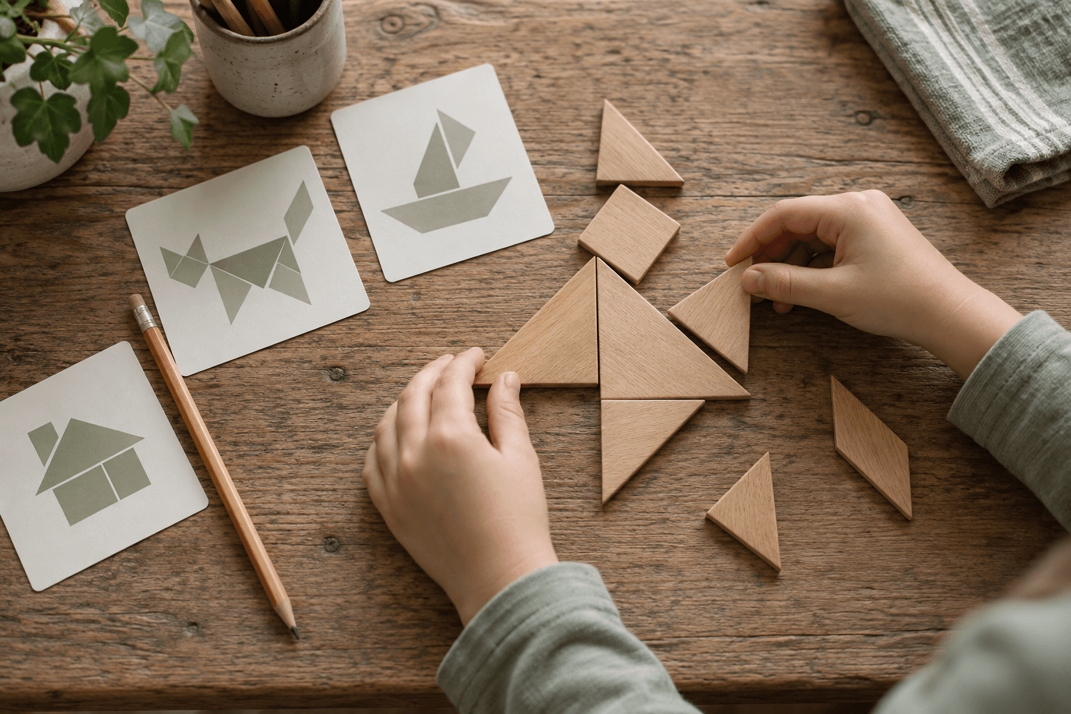Dłonie dziecka układają drewniany tangram według obrazkowych wzorów