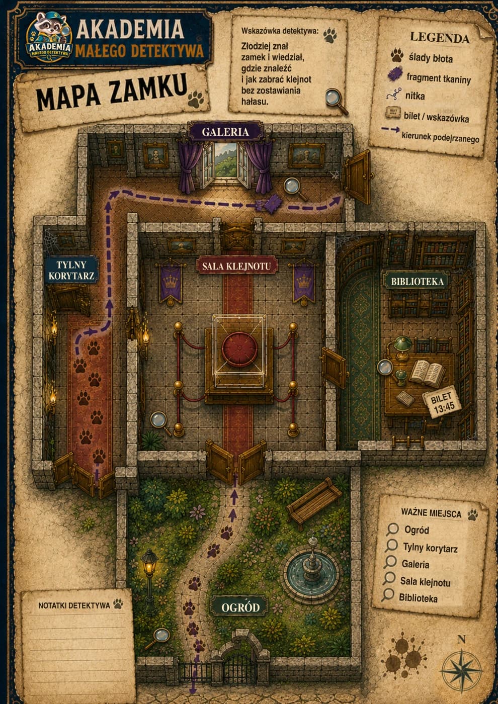 Mapa zamku z darmowego PDF: galeria, biblioteka, ogród i ślady